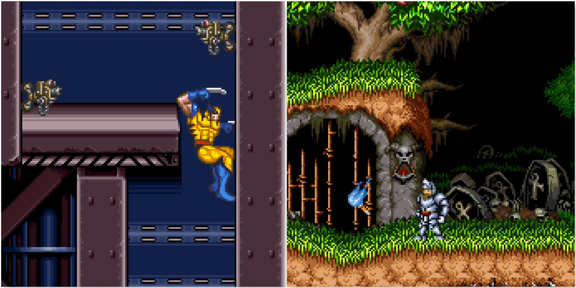 Climbing a wall in X-Men Mutant Apocalypse and Fighting enemies in Super Ghouls 'n Ghosts