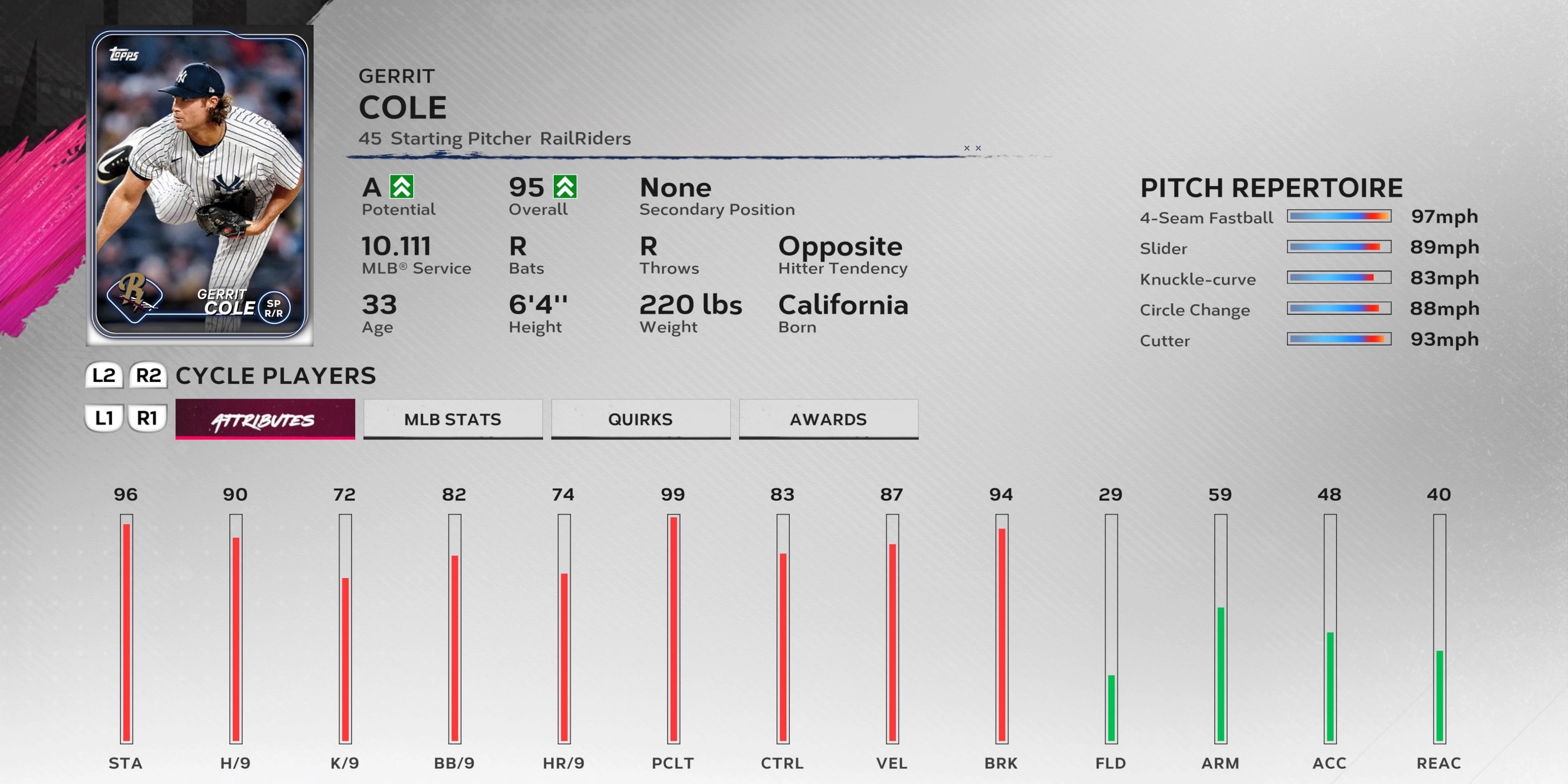 Gerrit Cole, a starting pitcher in MLB The Show 24