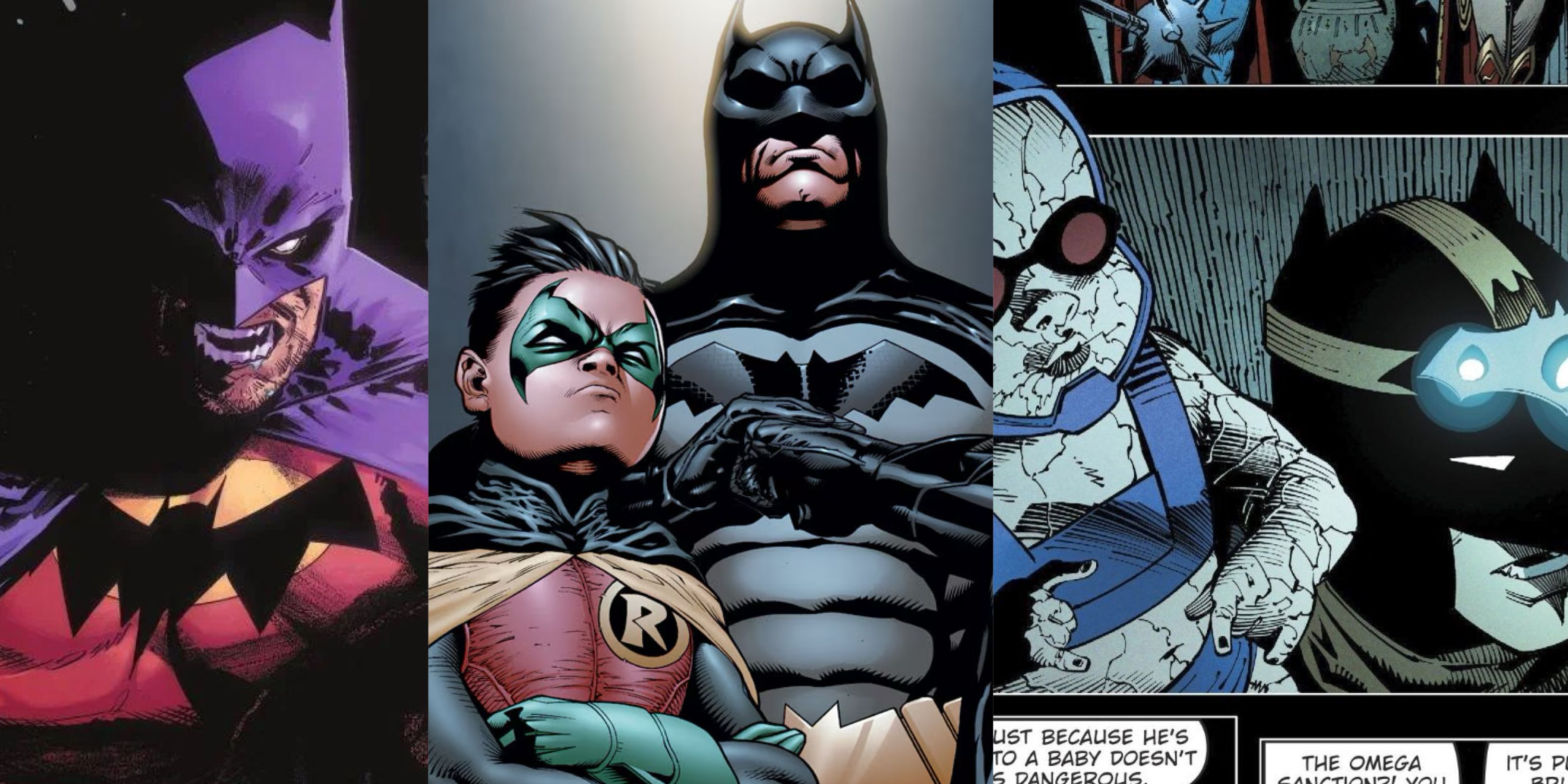 Batman of Zur-En-Arrh (left), Batman and Robin (middle), Darkseid and Batman (right)