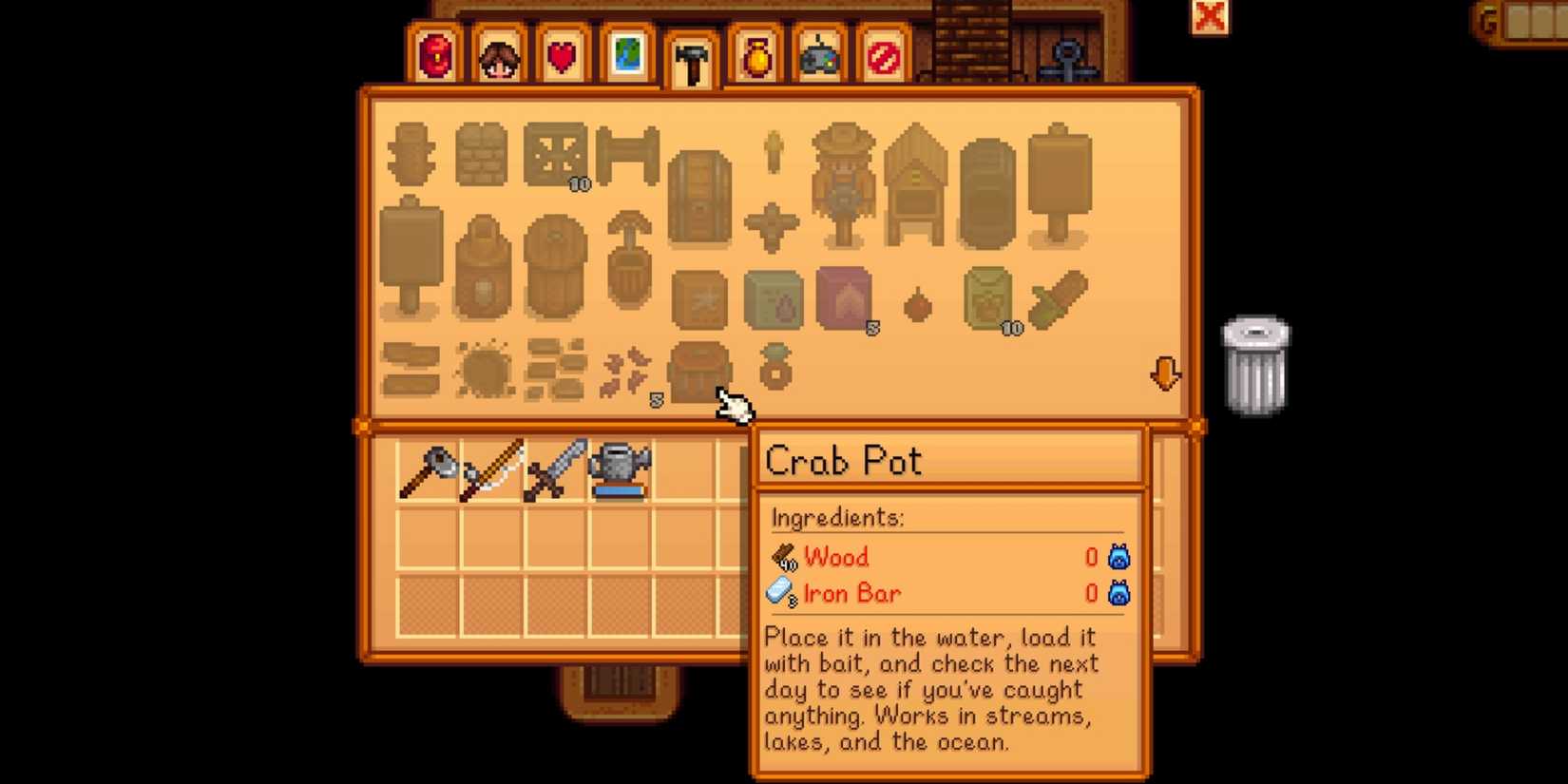 crafting a crab pot in stardew valley
