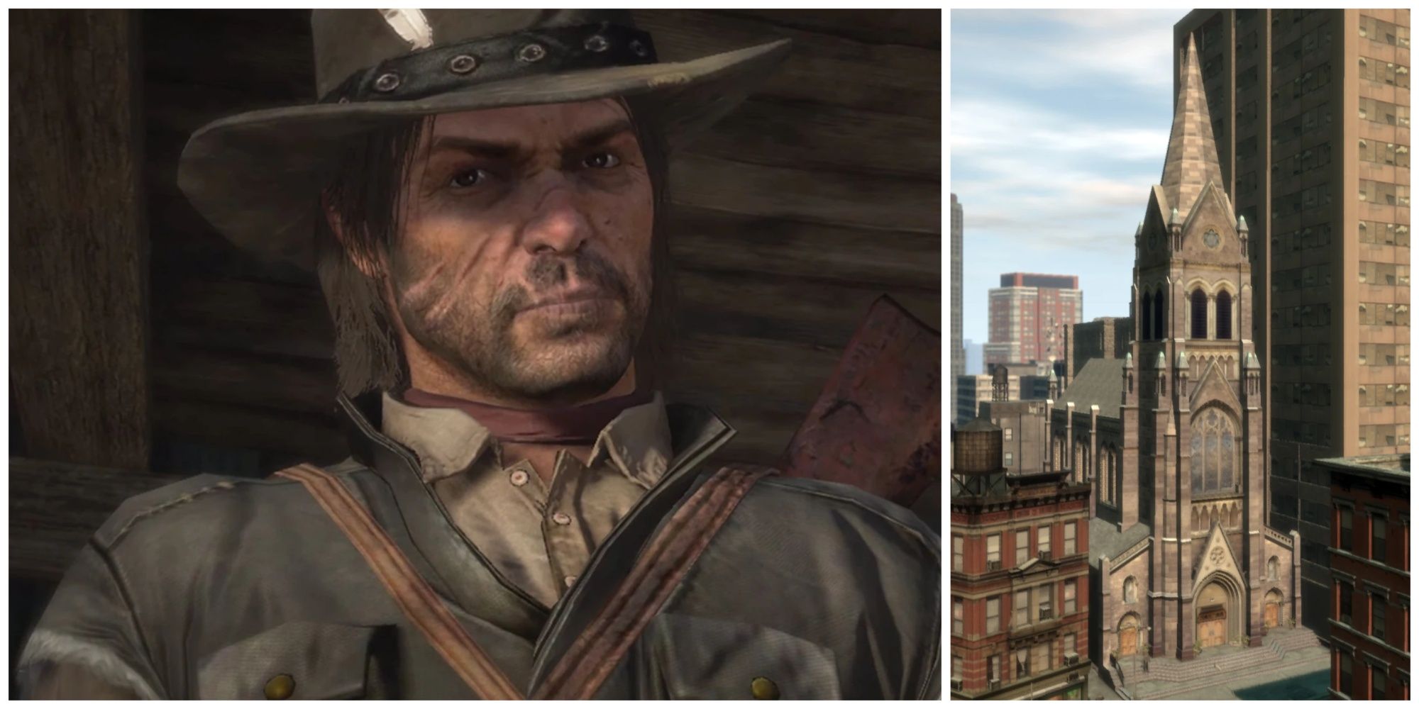 Collage featuring John Marston from Red Dead Redemption (left) and the wedding chapel from Grand Theft Auto 4 (right)