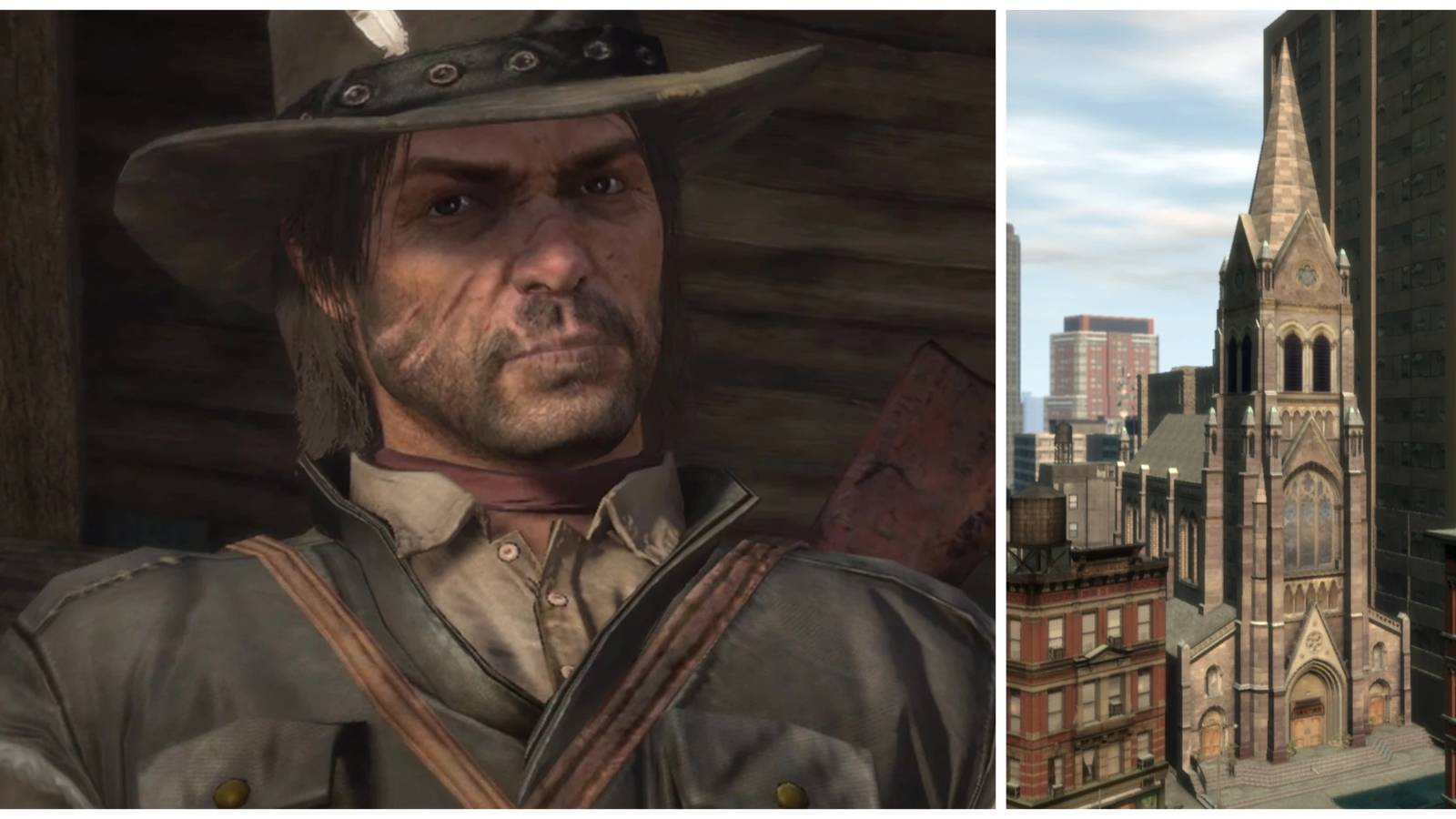 Collage featuring John Marston from Red Dead Redemption (left) and the wedding chapel from Grand Theft Auto 4 (right)