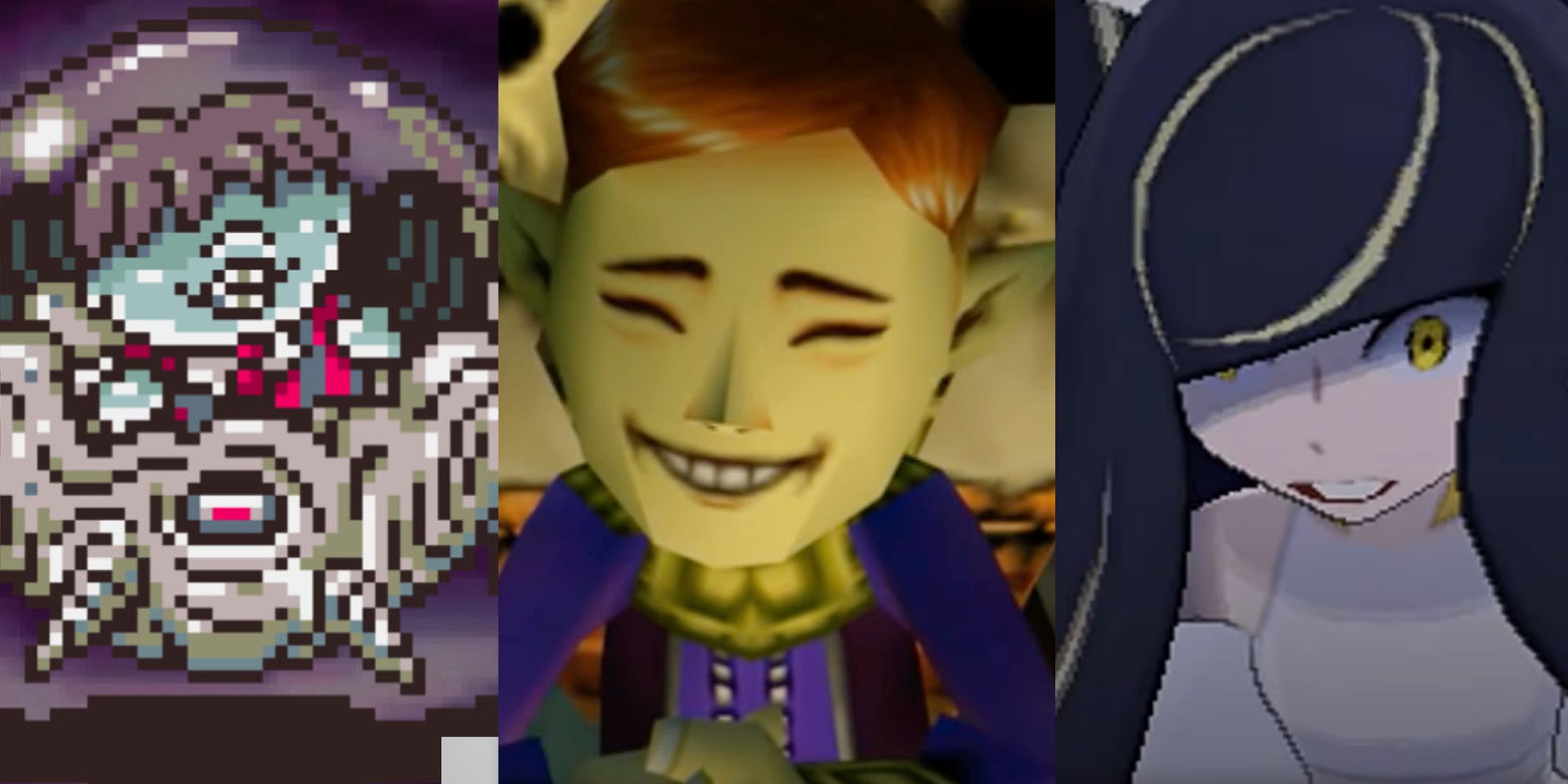Porky in his spider mech; the Happy Mask Salesman smiling; Lusamine in Mother Beast form
