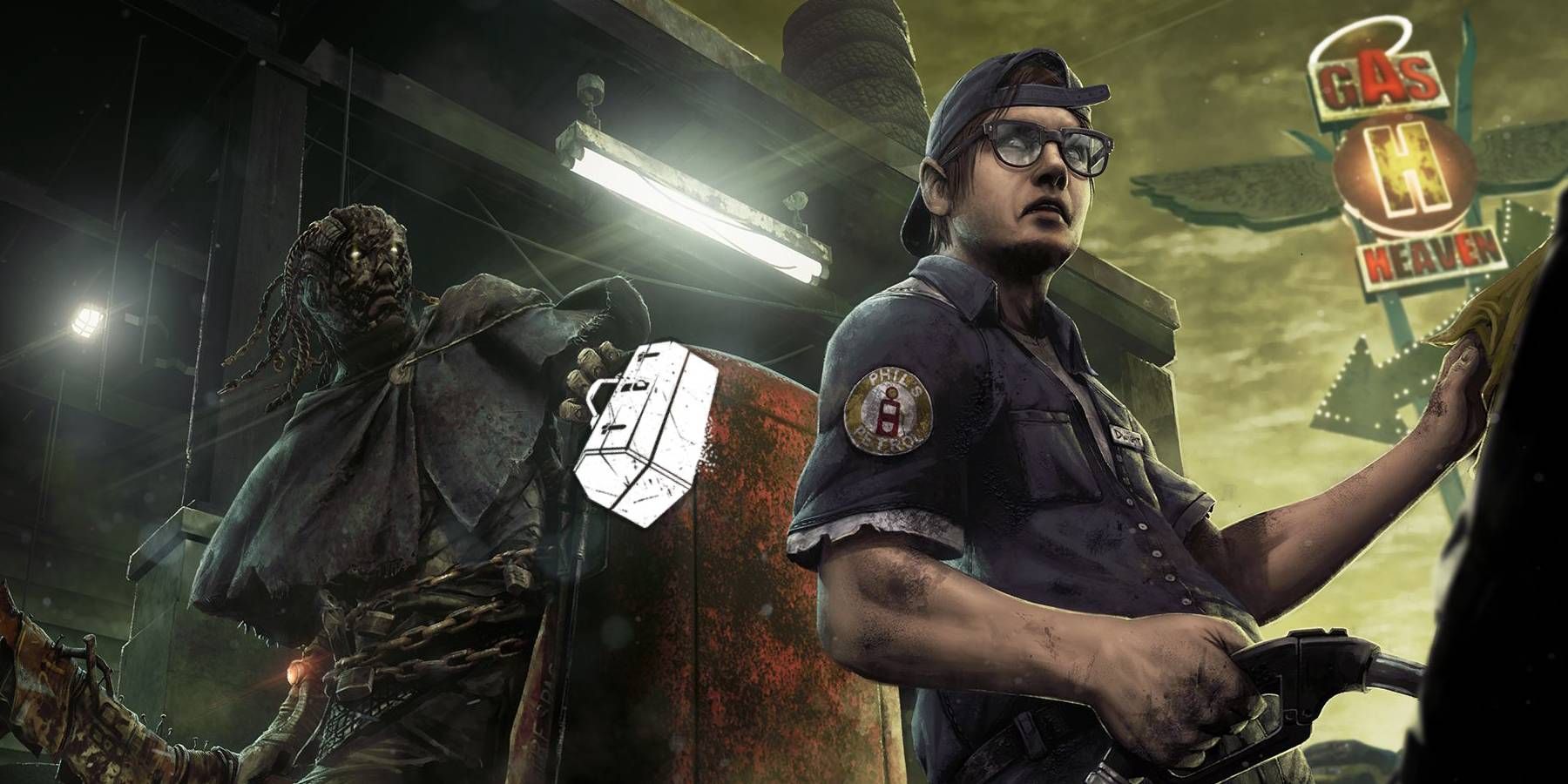 Dwight and Wraith in cosmetic splash art with a toolbox in Dead by Daylight