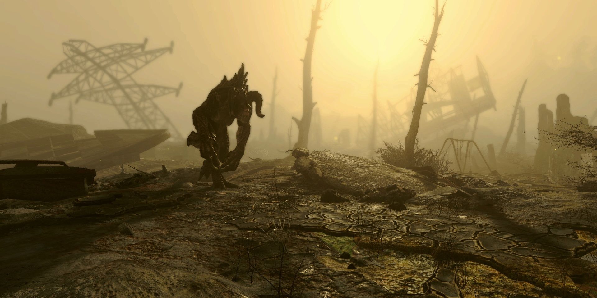 Deathclaw wandering the wasteland in Fallout 4