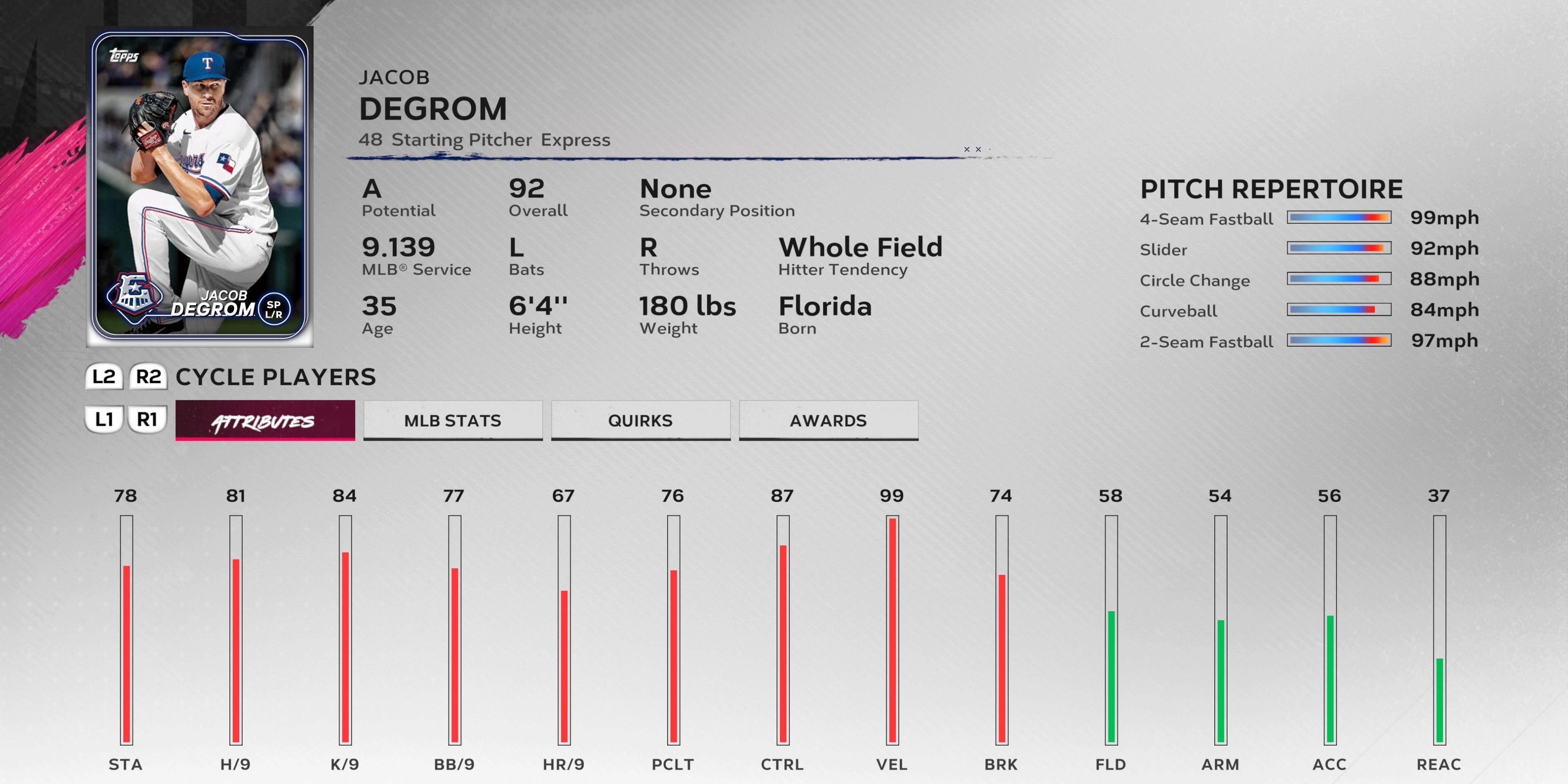 Jacob deGrom, a starting pitcher in MLB The Show 24