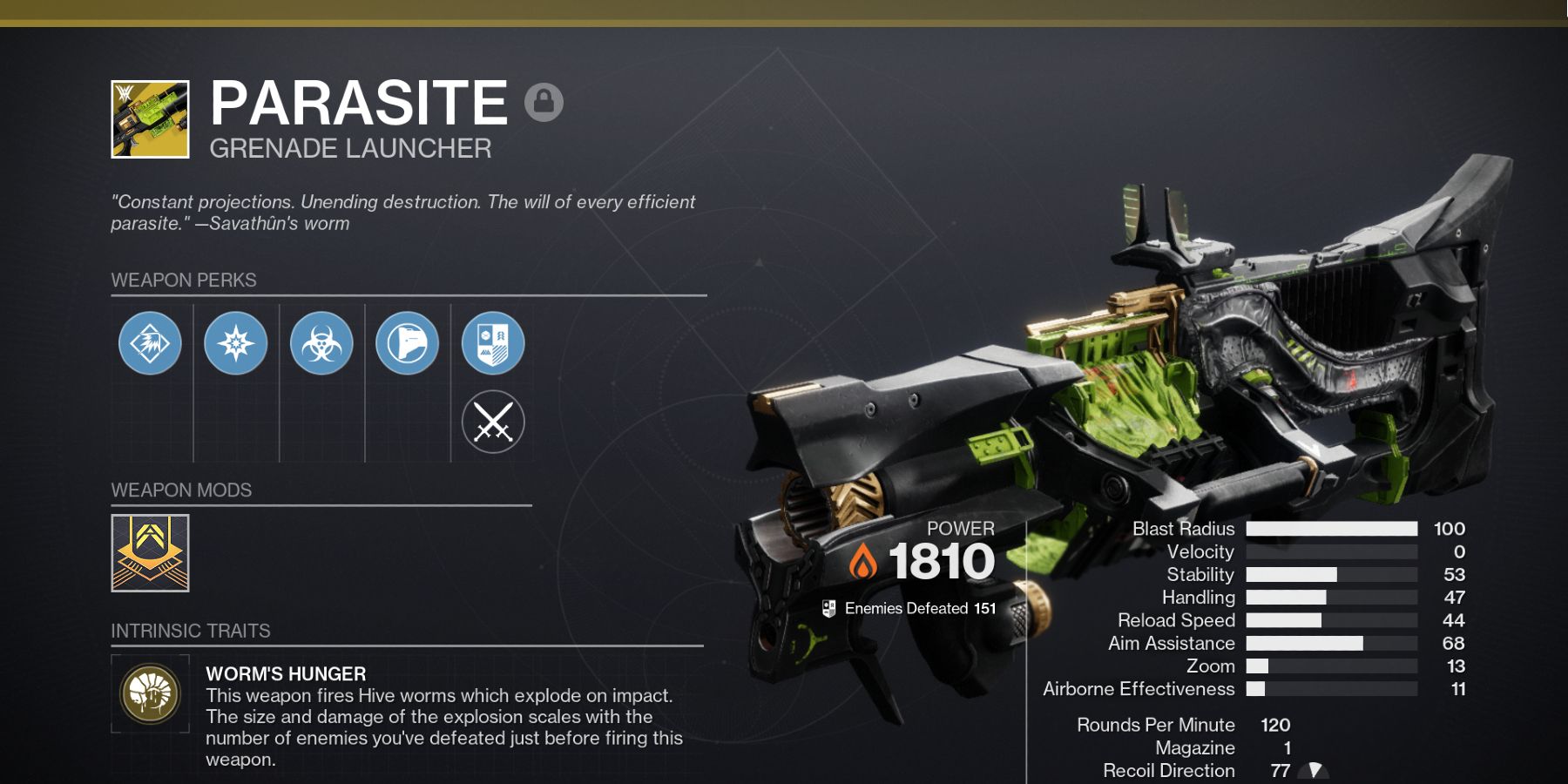 Destiny 2 Parasite Exotic Grenade Launcher Perks