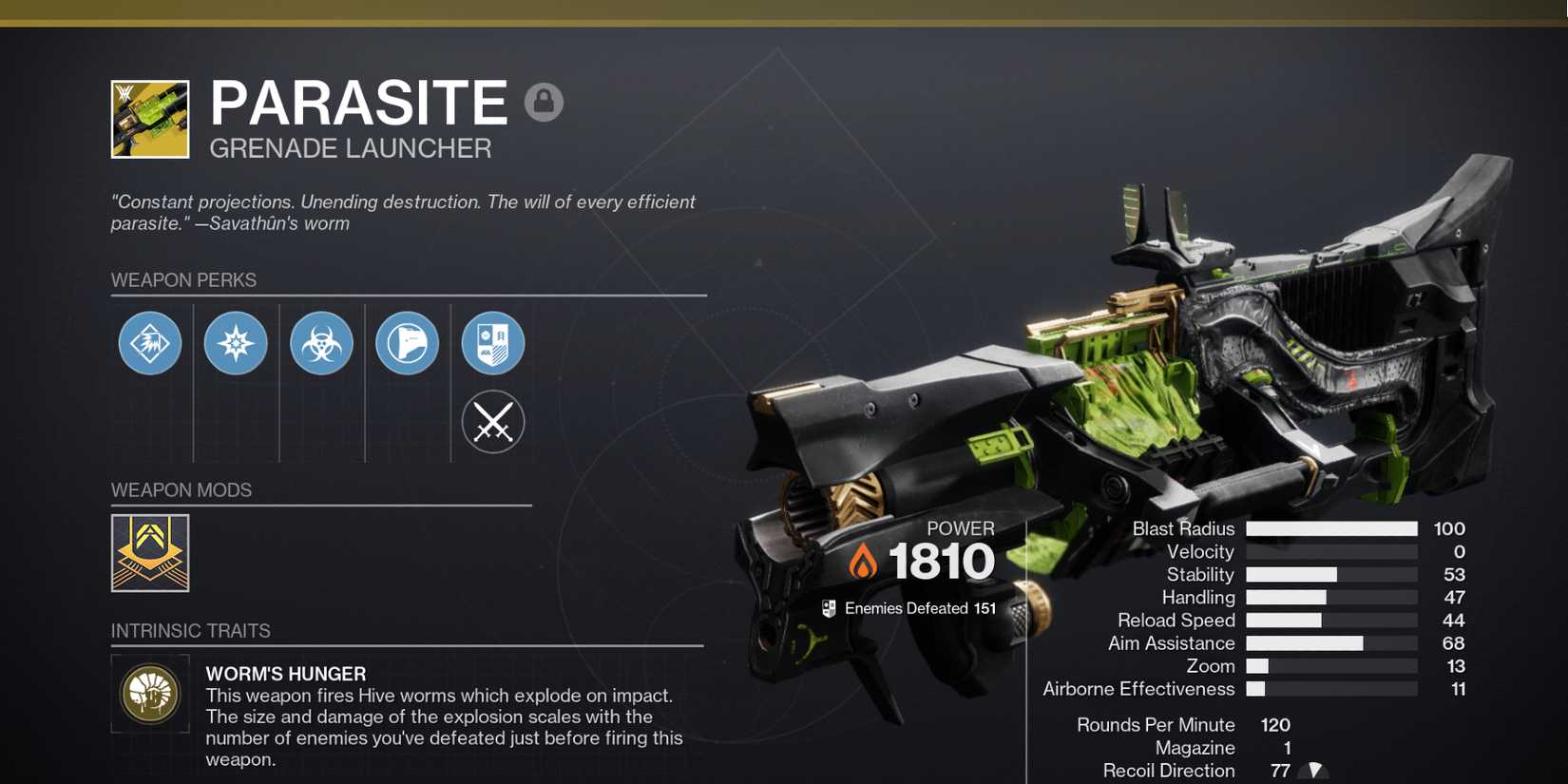 Destiny 2 Parasite Exotic Grenade Launcher Perks