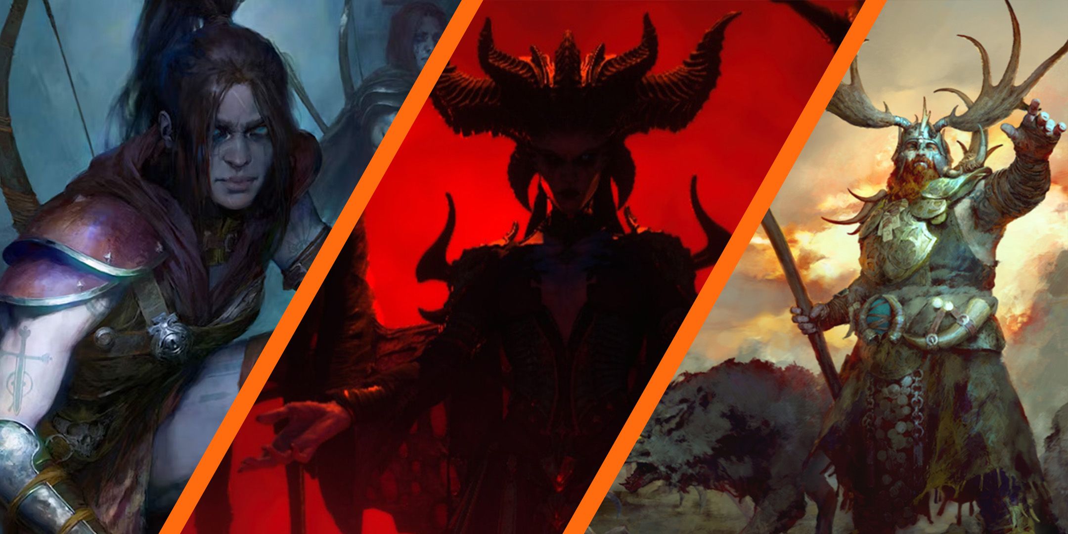 Diablo 4 Lilith on red background next to the Druid and Rogue characters