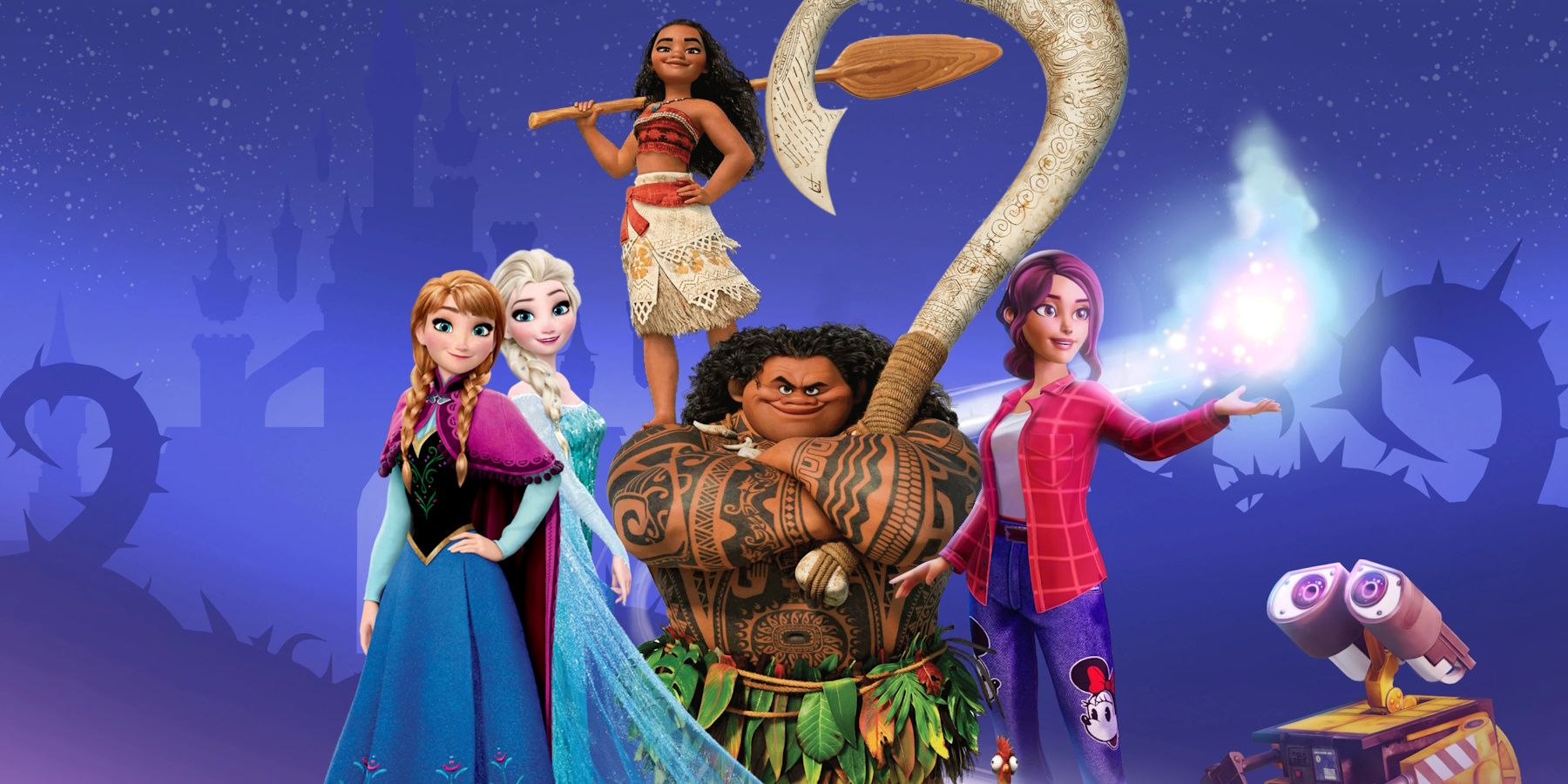 Disney Dreamlight Valley promo art overlaid with Moana and Frozen characters