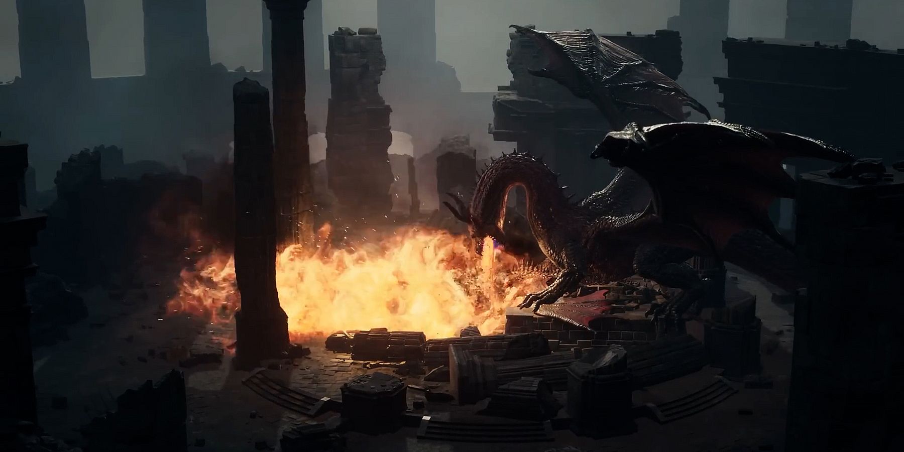 Dragon breathing fire on the ground in Dragon's Dogma 2