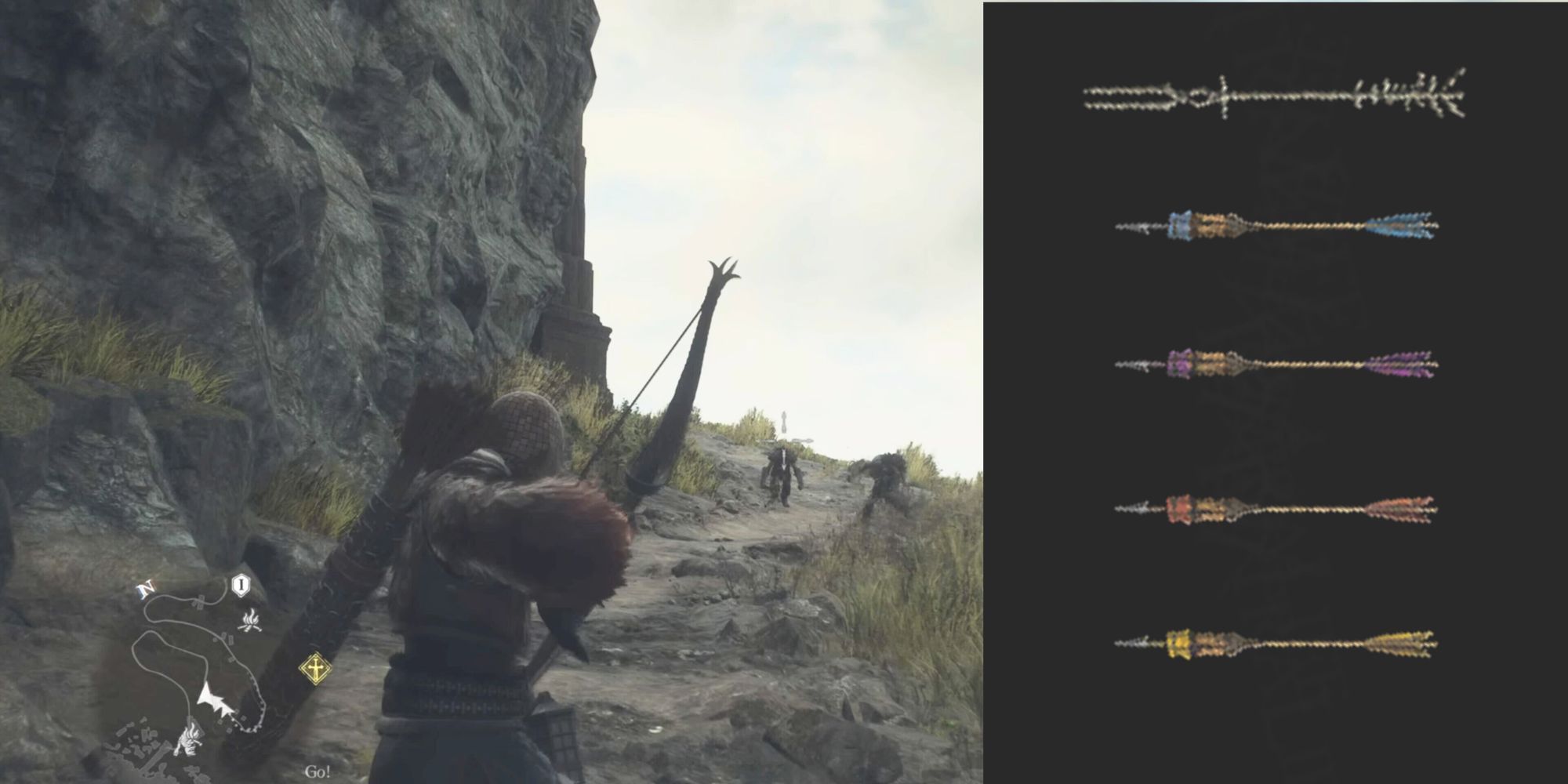 A Dragon's Dogma 2 player using their bow next to the game's special arrow types