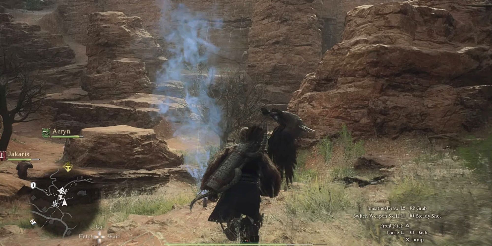 A player running towards a Harpy while using a Harpysnare Smoke Beacon in Dragon's Dogma 2