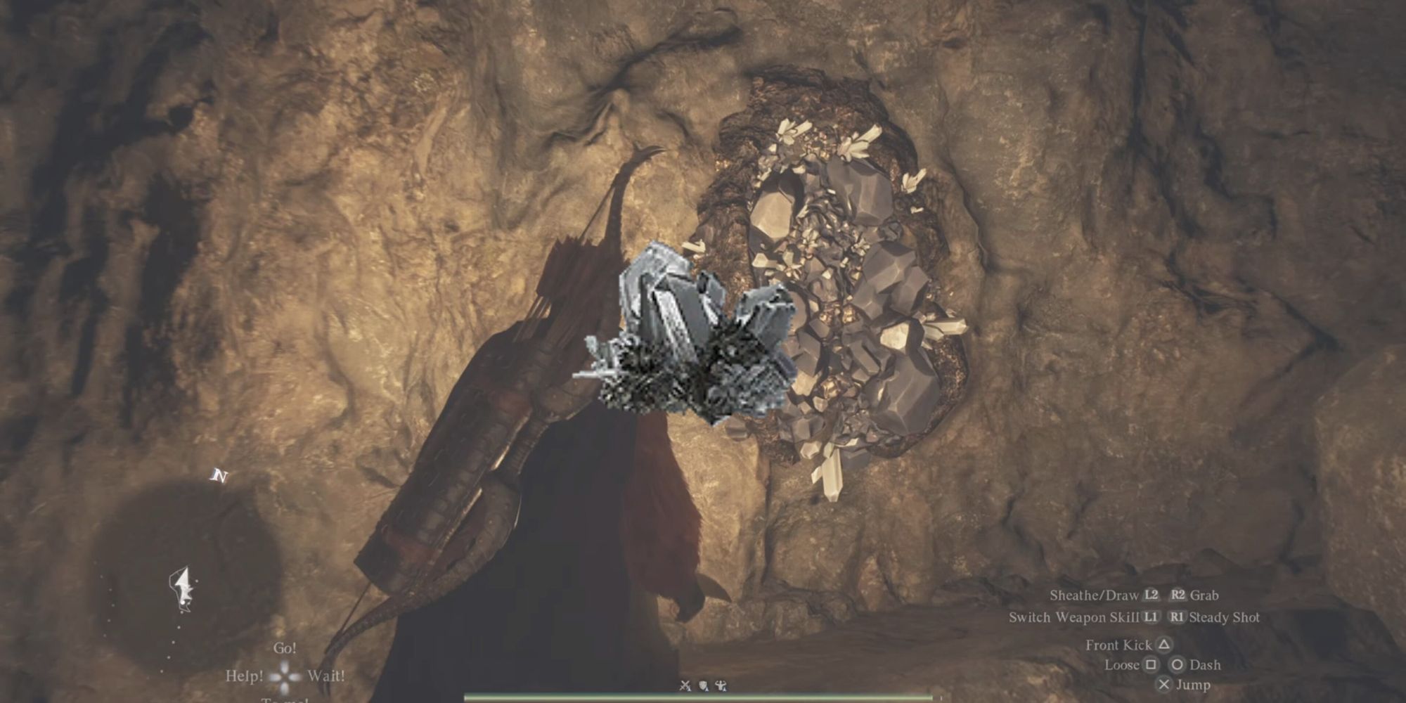 A Dragon's Dogma 2 mining Whitecobble with an image of the material in the foreground