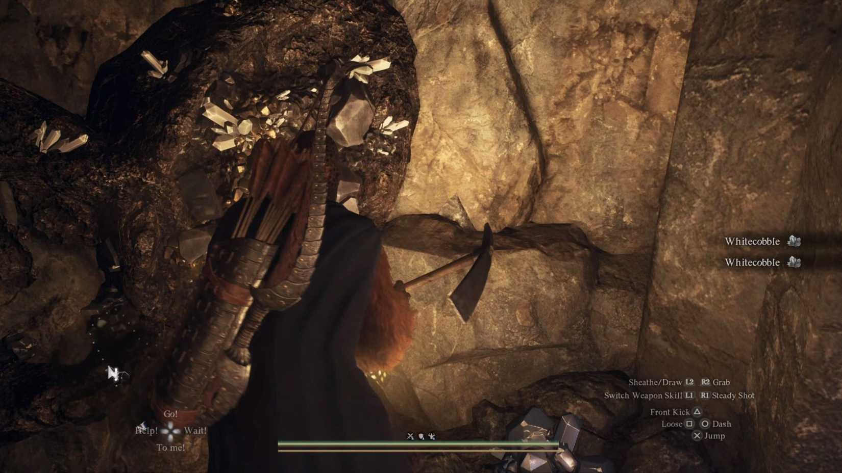 A Dragon's Dogma 2 player mining Whitecobble