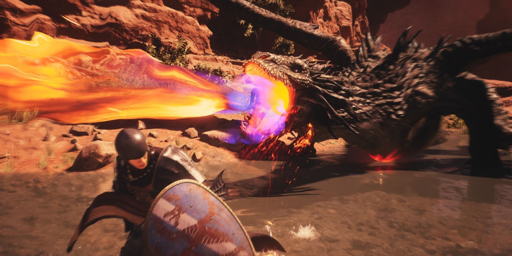 A Dragon's Dogma 2 player fighting a dragon breathing fire