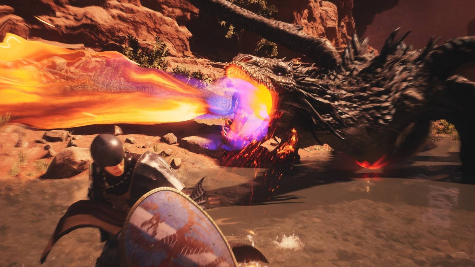 A Dragon's Dogma 2 player fighting a dragon breathing fire