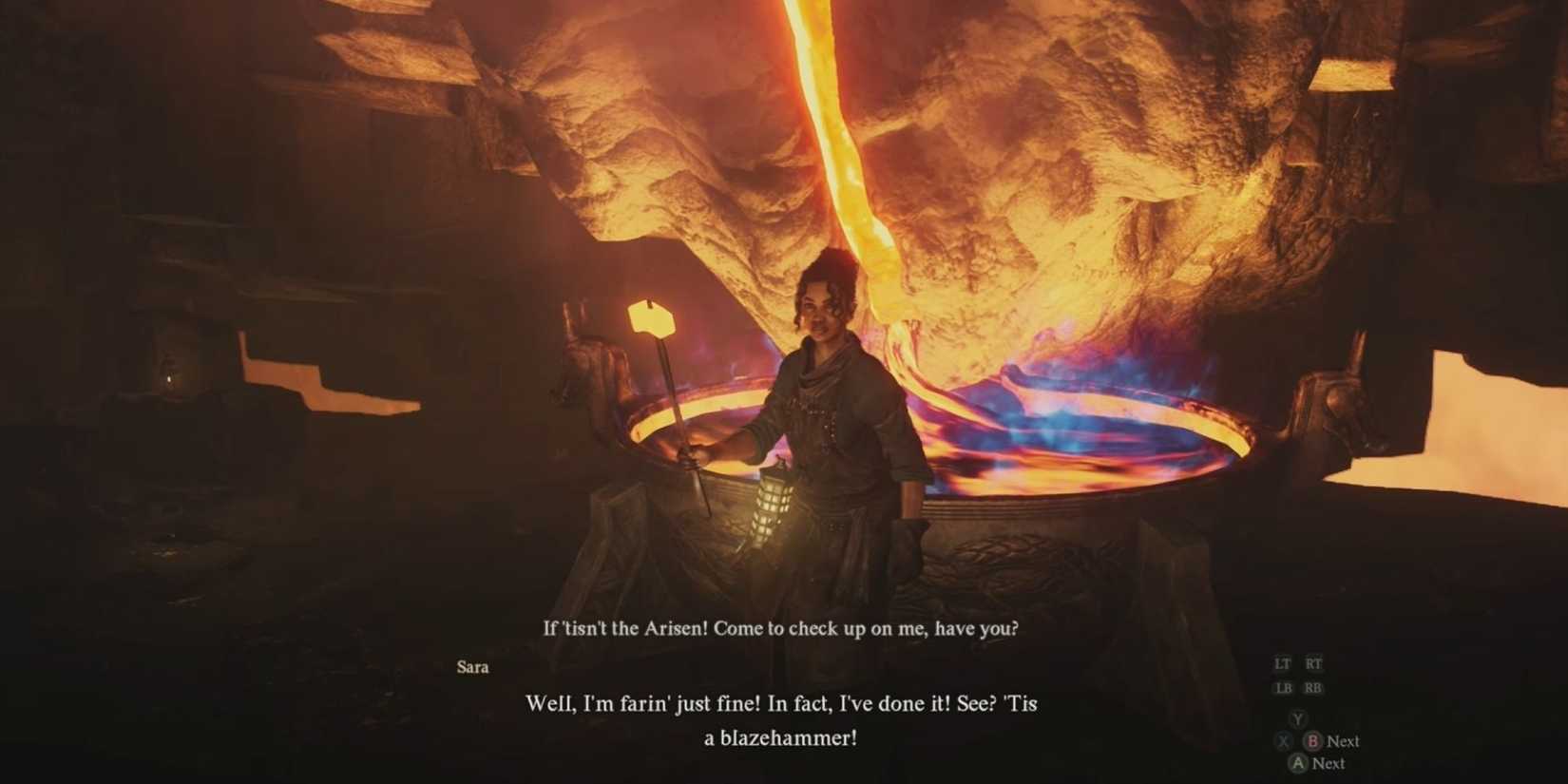 Dragon's Dogma 2 Sara forging the blazehammer