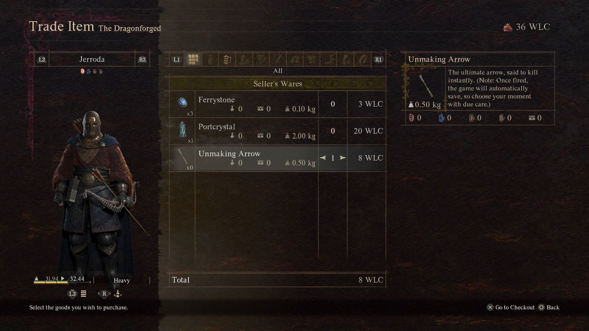 The Dragonforged shop menu in Dragon's Dogma 2, showing the Unmaking Arrow