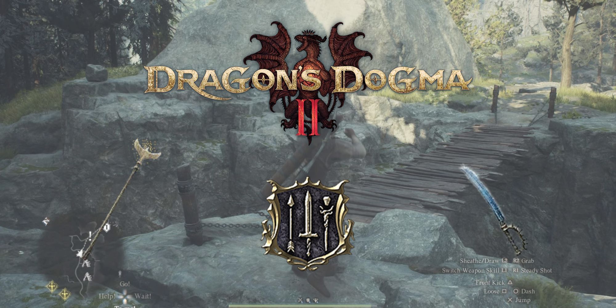 The Dragon's Dogma 2 logo with the Warfarer icon and two weapons from the game
