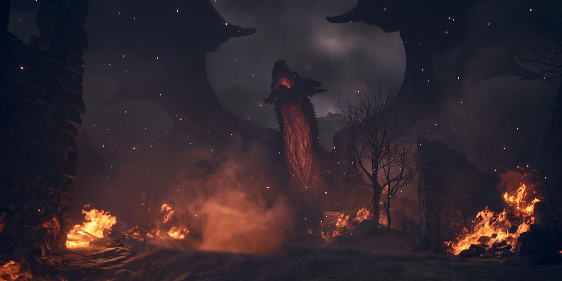 A red dragon in a fiery landscape in Dragon's Dogma 2
