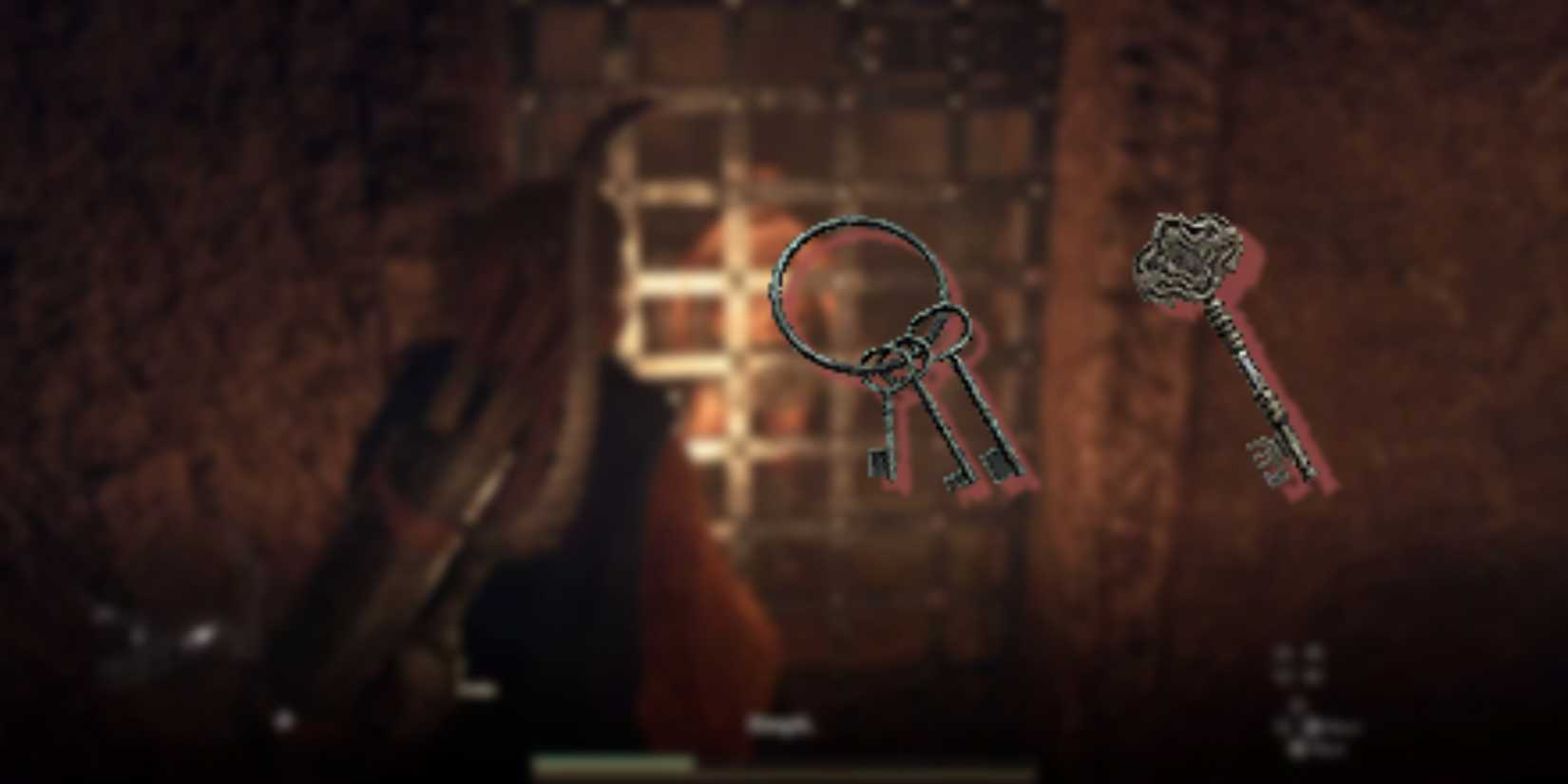 background depicting Jail cell in Dragon's Dogma 2 with Makeshift Gaol Key and Gaol Key to the right.