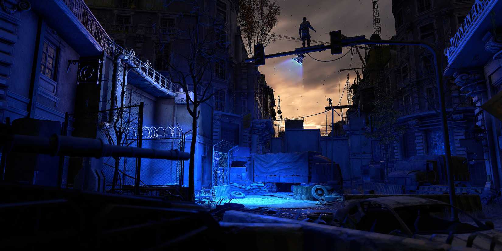 A dark area in Dying Light 2 Stay Human lit up with a blue light