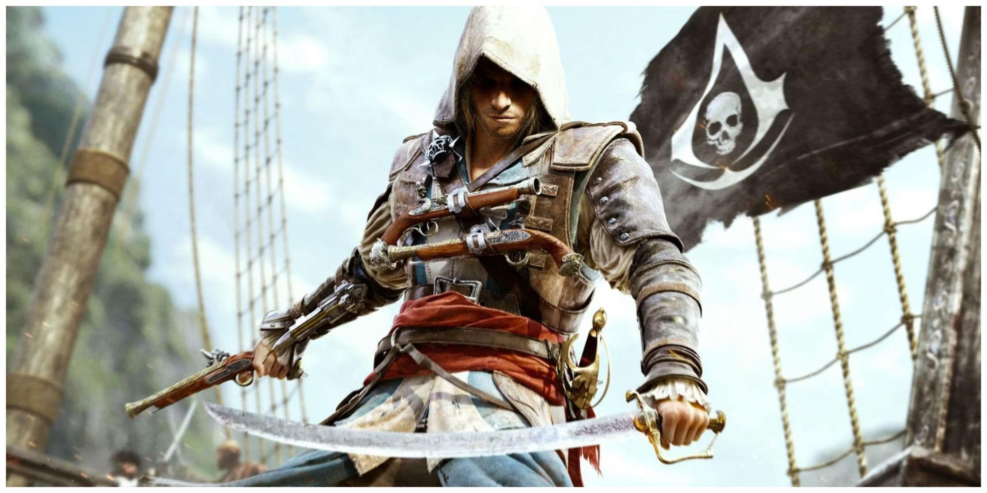 Edward Kenway holding a sword and a pistol with a black pirate flag in the background