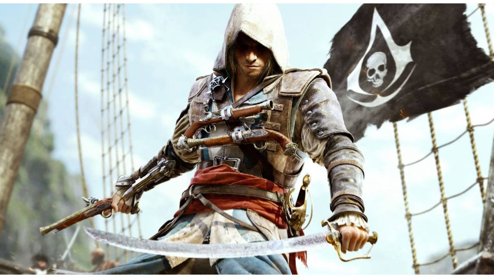 Edward Kenway holding a sword and a pistol with a black pirate flag in the background