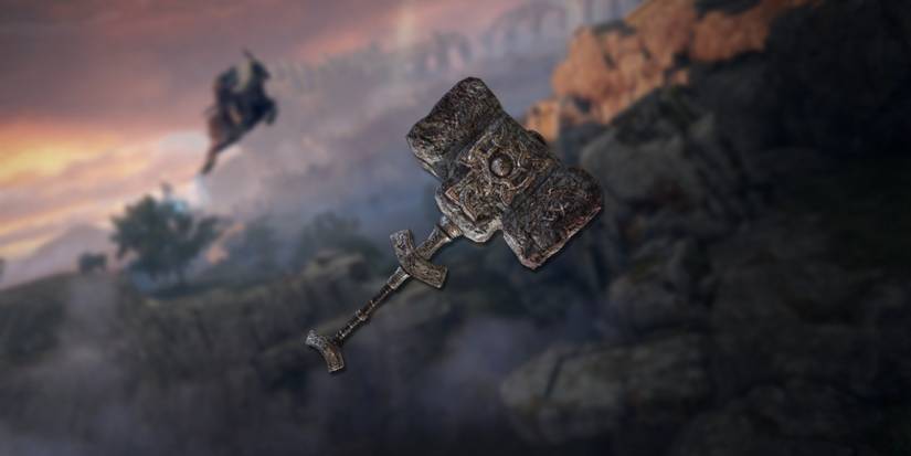 Elden Ring Giant-Crusher in foreground with Limgrave background