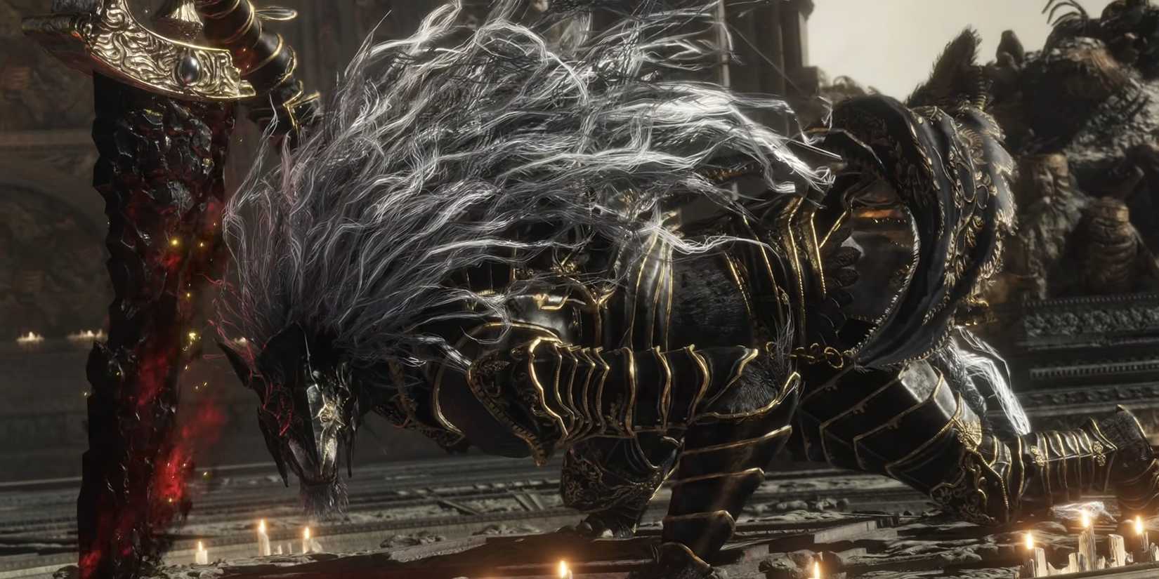 Tarnished confronts Maliketh, The Black Blade in Elden Ring