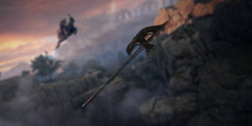 Elden Ring Nightrider Glaive in foreground with Limgrave background