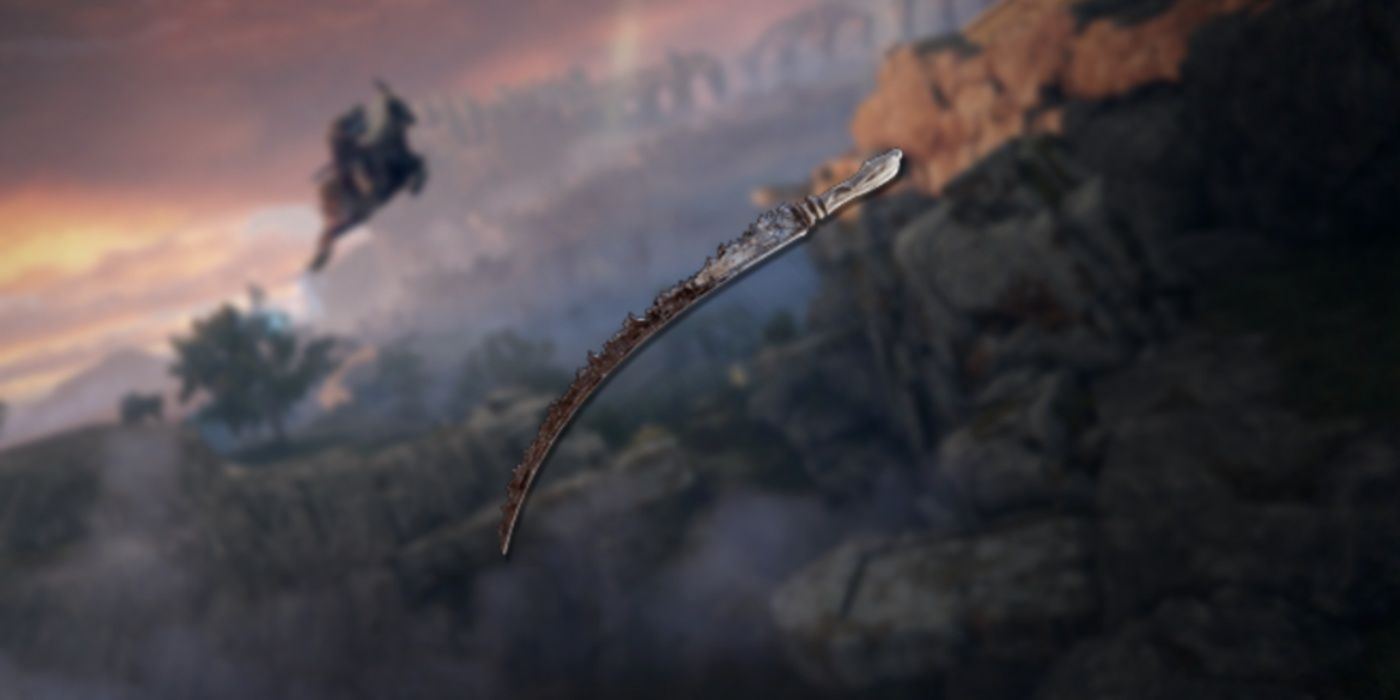 Elden Ring Scavenger's Curved Sword in foreground with Limgrave background