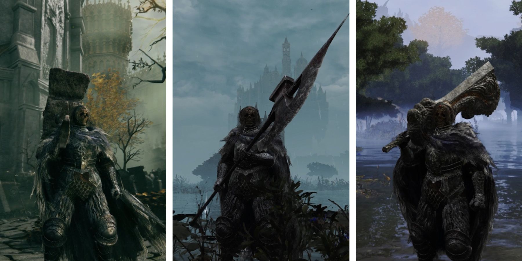 The 8 Best Elden Ring Strength Weapons Ranked Thumbnail, three pictures side by side of Elden Ring Player Characters holding three of the listed weapons