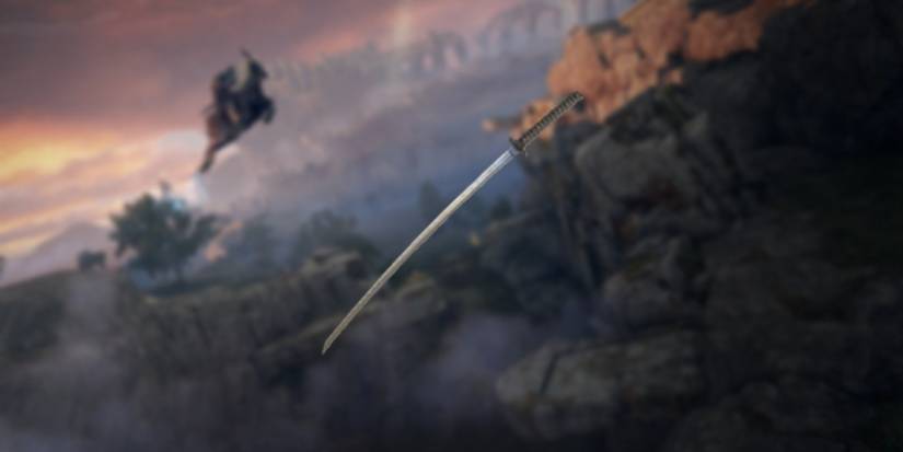 Elden Ring Uchigatana in foreground with Limgrave background
