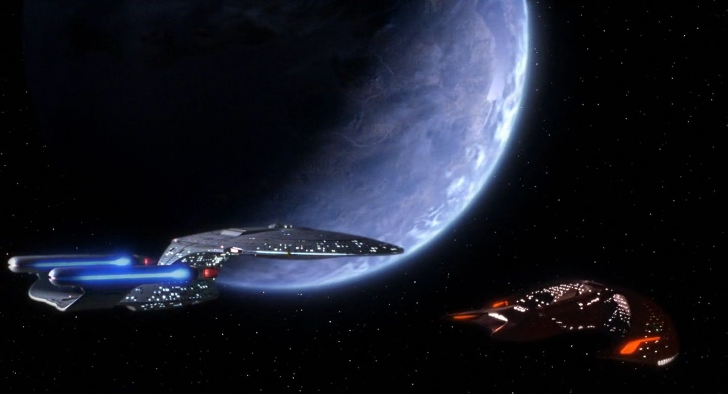The Enterprise faces off with a Ferengi Marauder in "The Last Outpost".
