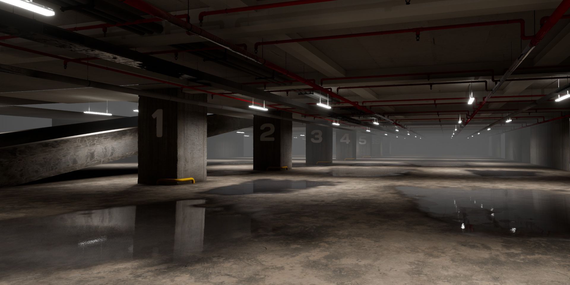 an underground parking lot from Escape the Backrooms