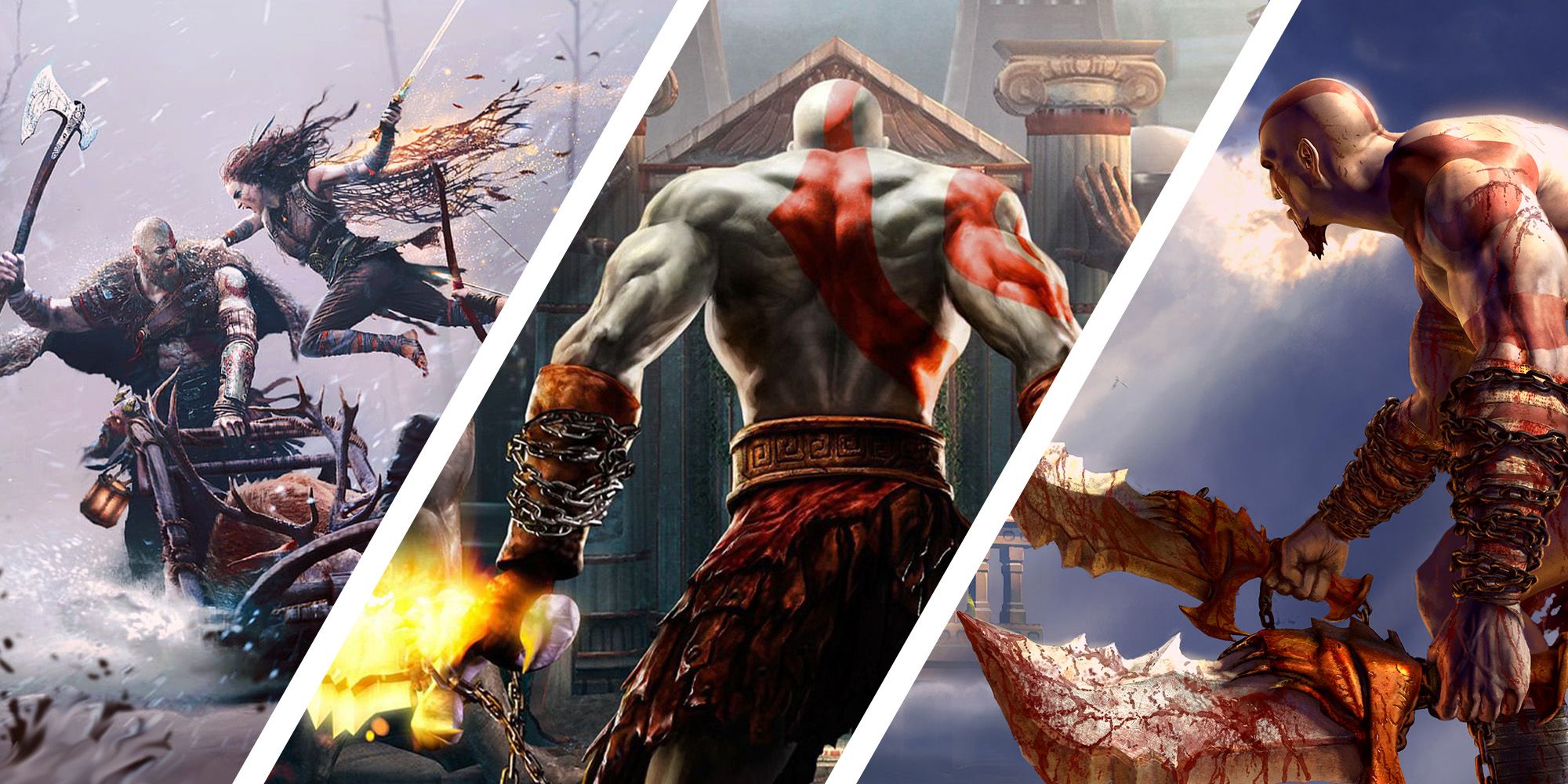 Kratos from God of War 2 facing temple surrounded by Kratos from Ragnarok and God of War