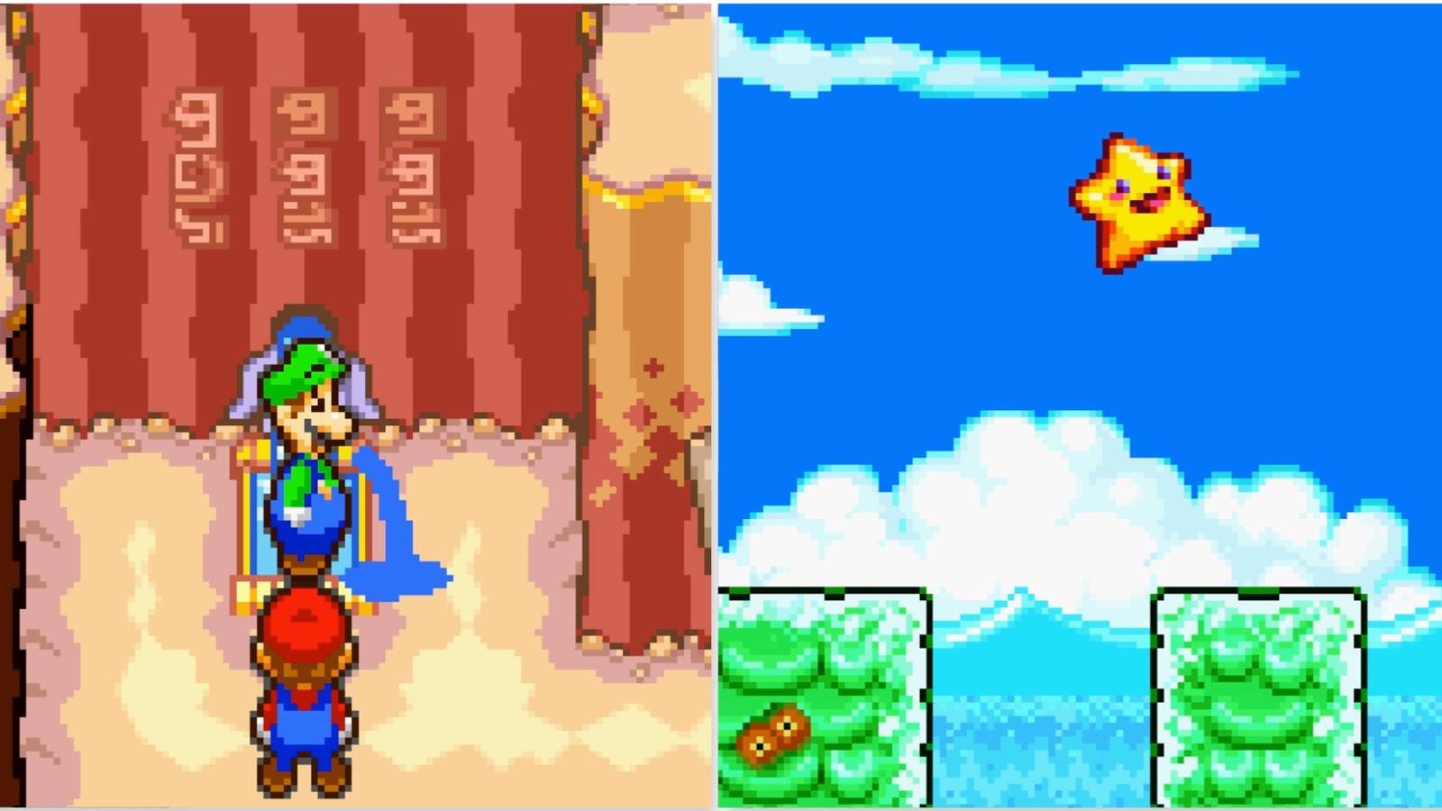Exploring a level in Mario and Luigi Superstar Saga and Jumping around in Densetsu no Starfy