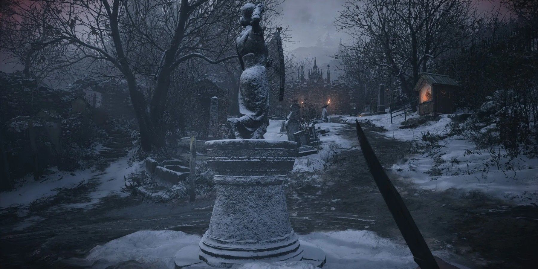 resident evil outdoors statue in a snowy park