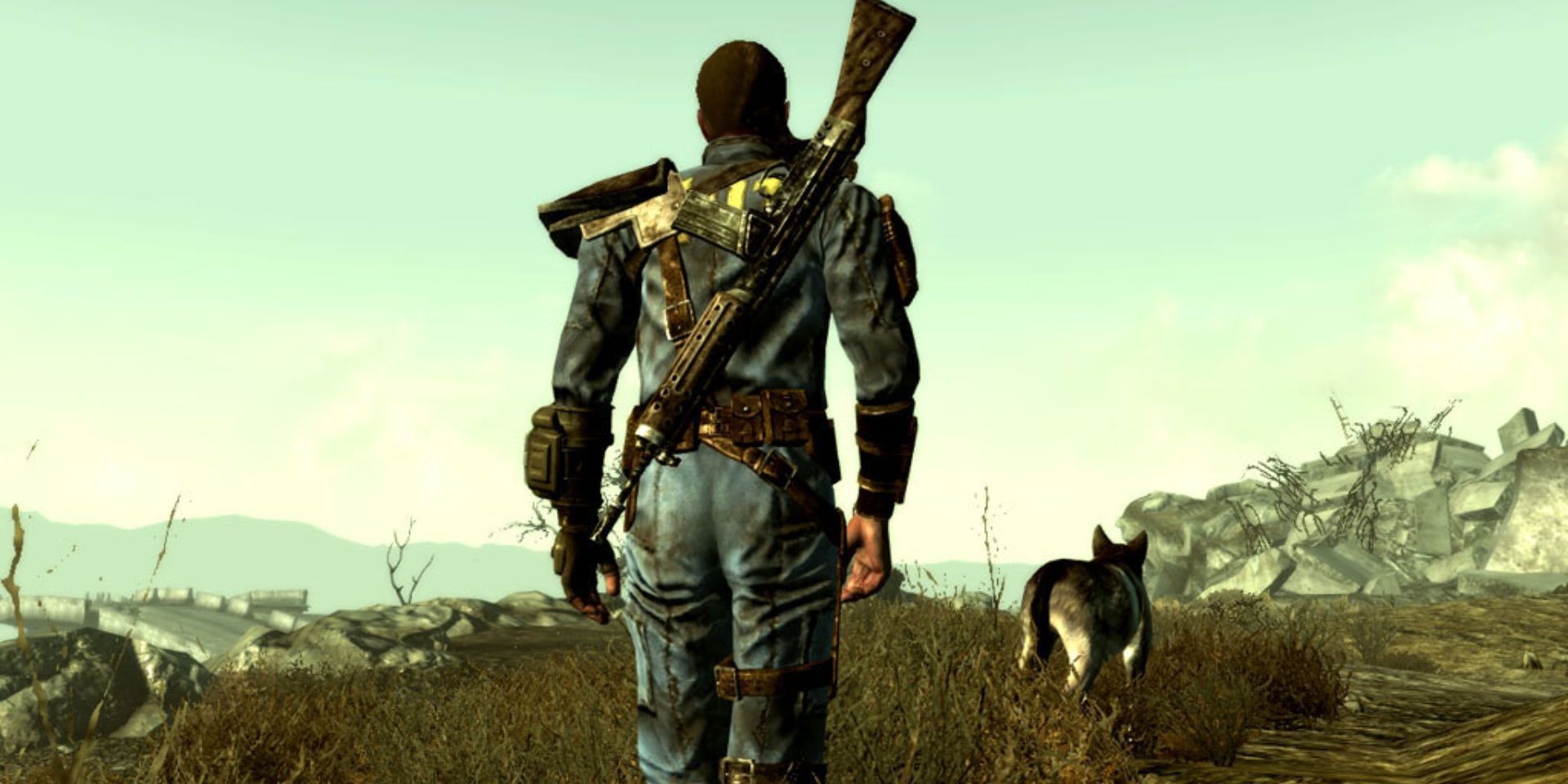 The Fallout 3 protagonist viewed from behind with his dog companion Dogmeat