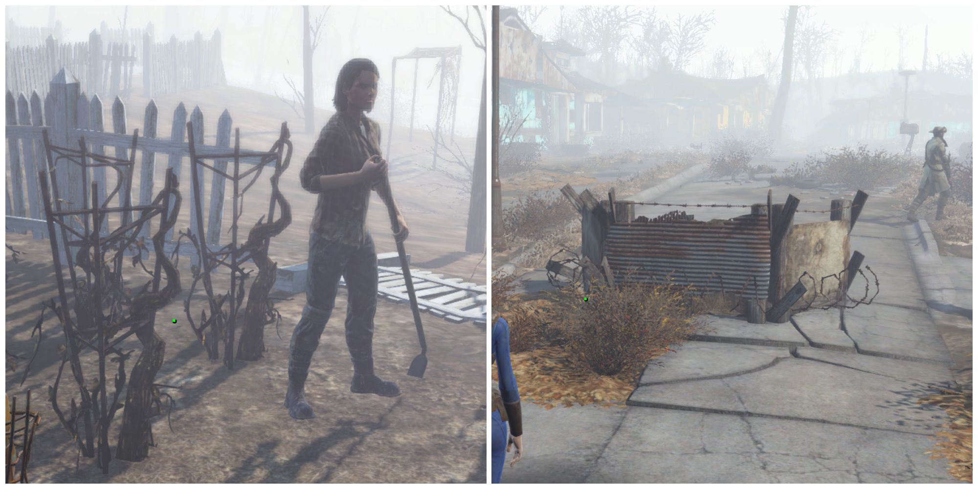 Split image of Marcy Long tending to Tato Plants and a Guard Post in Fallout 4