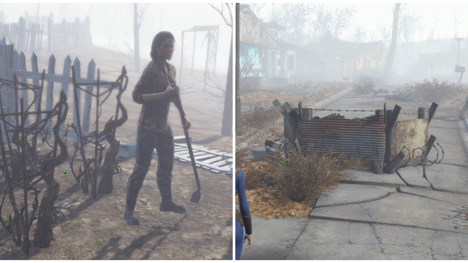 Split image of Marcy Long tending to Tato Plants and a Guard Post in Fallout 4