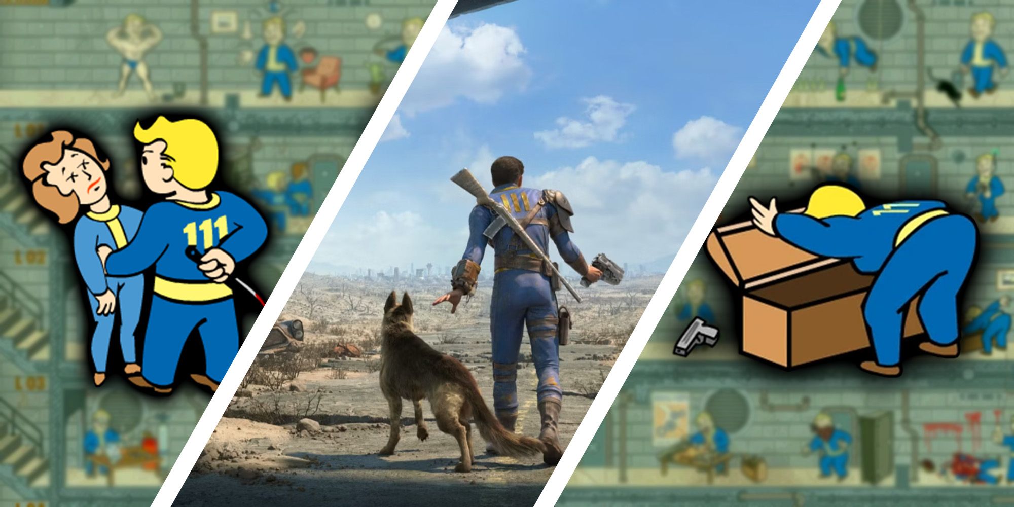 Vault 111 Wastelander next dogmeat, surrounded by vault boy icons 