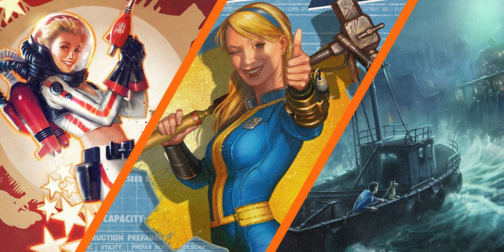 Fallout 4 Vault-Tec workshop woman next to Nuka World woman and far harbor key art