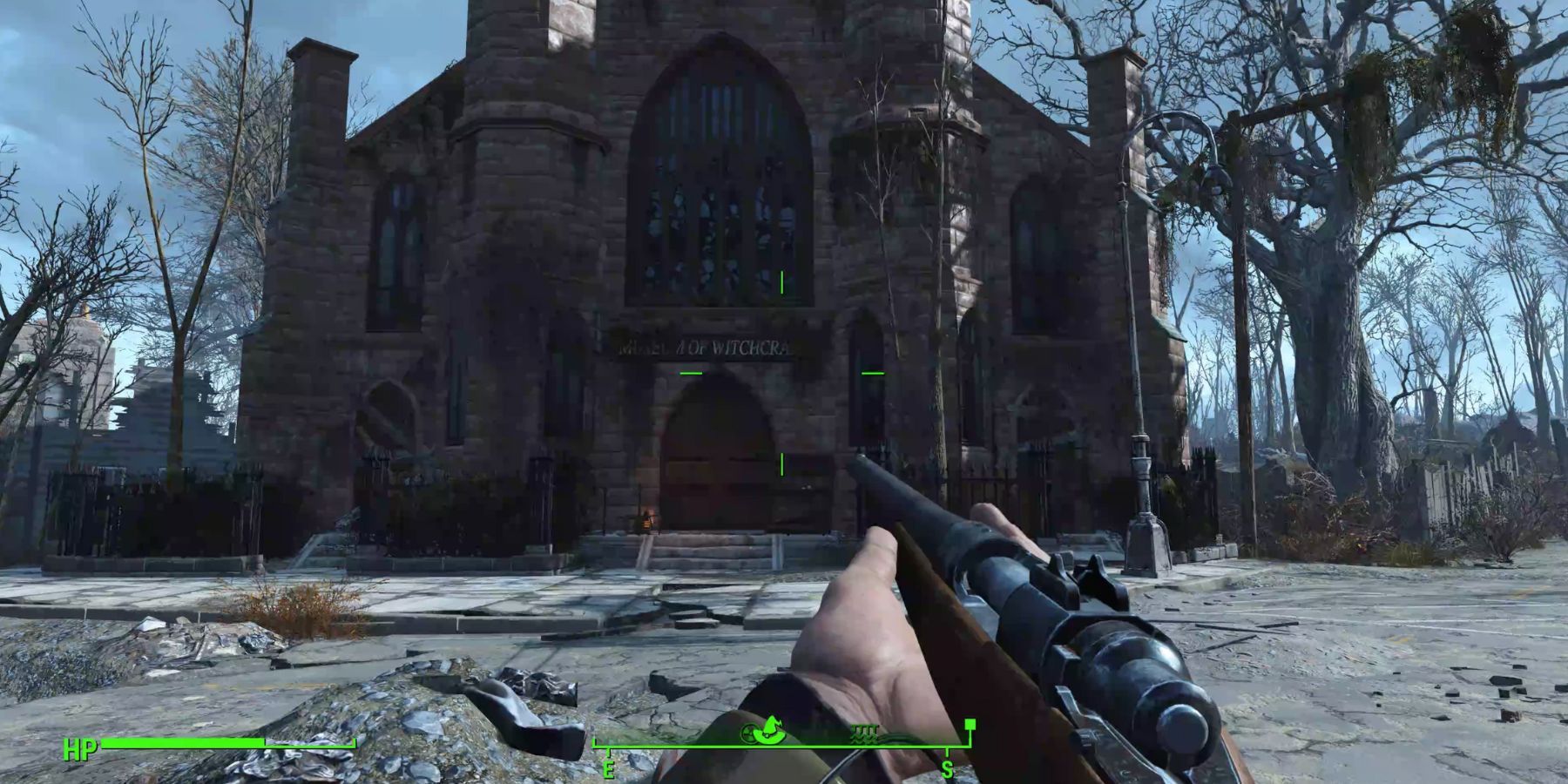 Aiming a rifle at the Museum of Witchcraft in Fallout 4