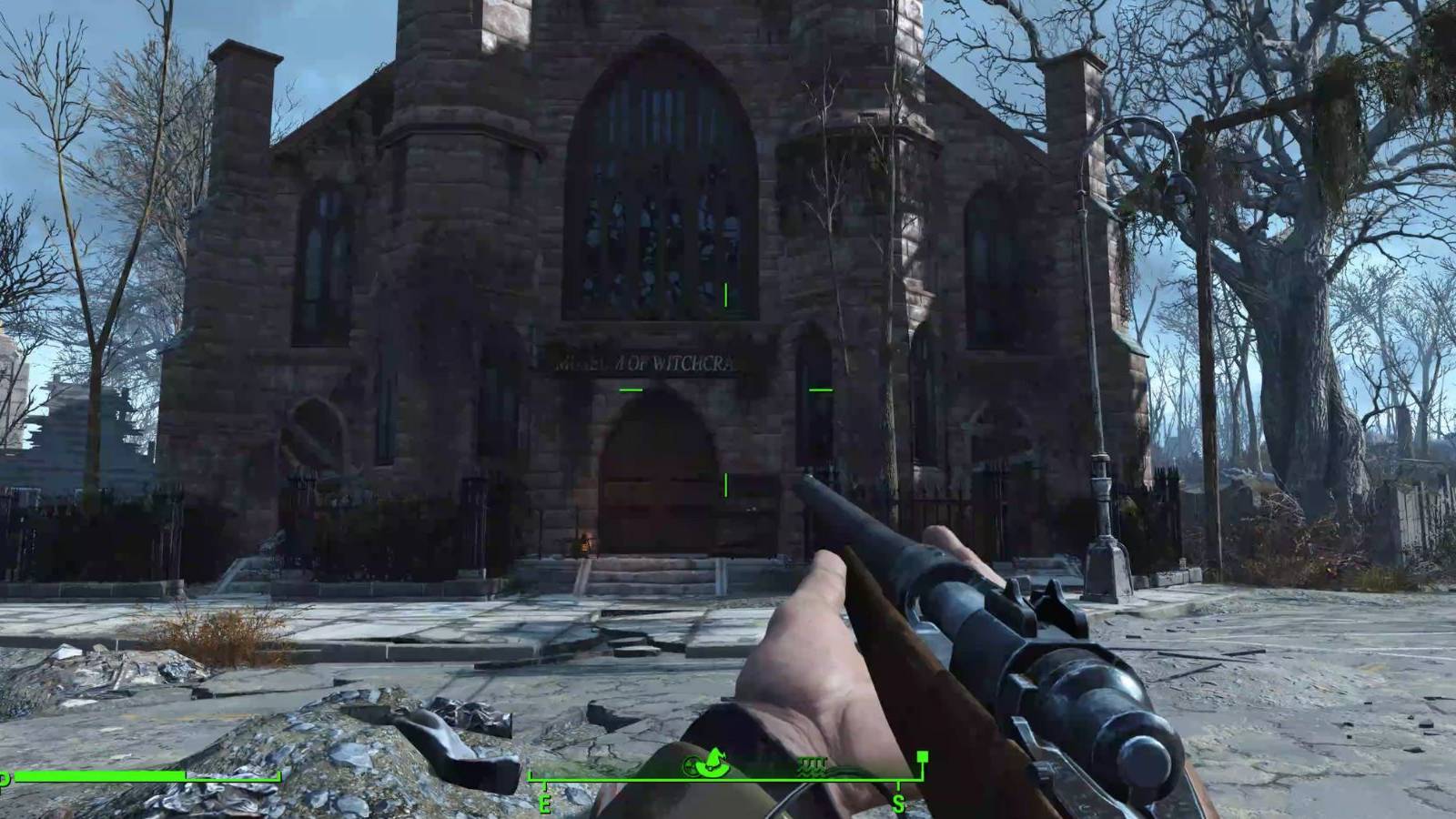 Aiming a rifle at the Museum of Witchcraft in Fallout 4