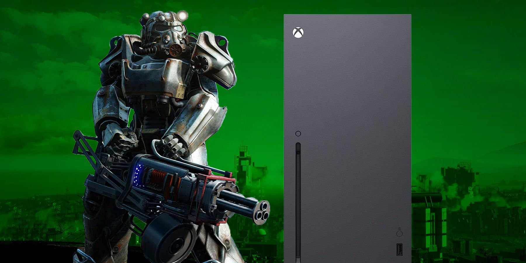 Fallout 4 power armor user with minigun next to Xbox Series X dark green background swap