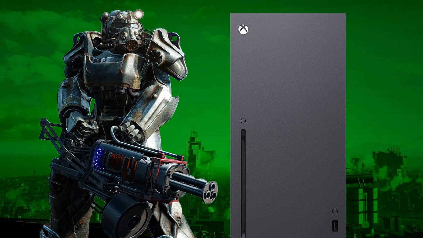 Fallout 4 power armor user with minigun next to Xbox Series X dark green background swap