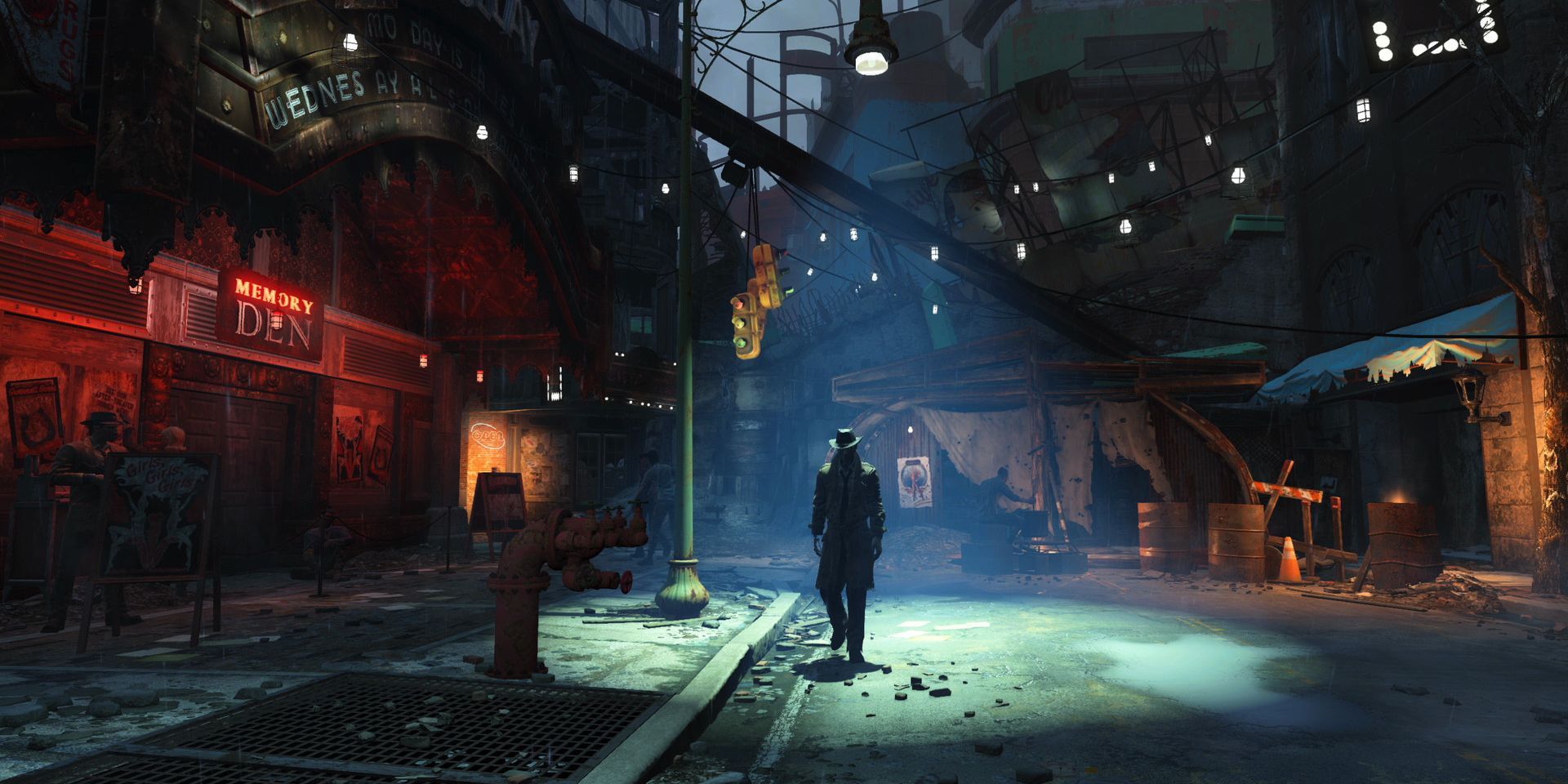 The synth detective, Nick Valentine, walking in the shadows in Fallout 4